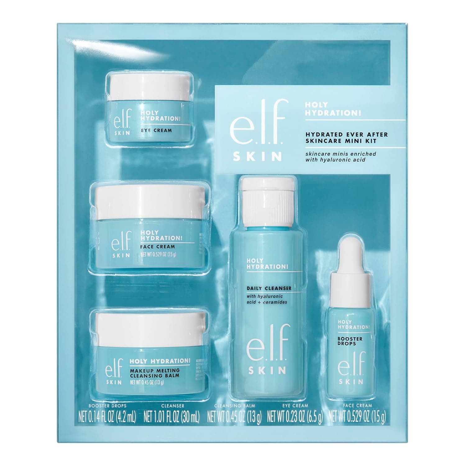 e.l.f. SKIN Holy Hydration! Hydrated Ever After Skincare Mini Kit, Cleanser, Makeup Remover, Moisturizer & Eye Cream For Hydrating Skin, Airplane-Friendly Sizes - Image 2