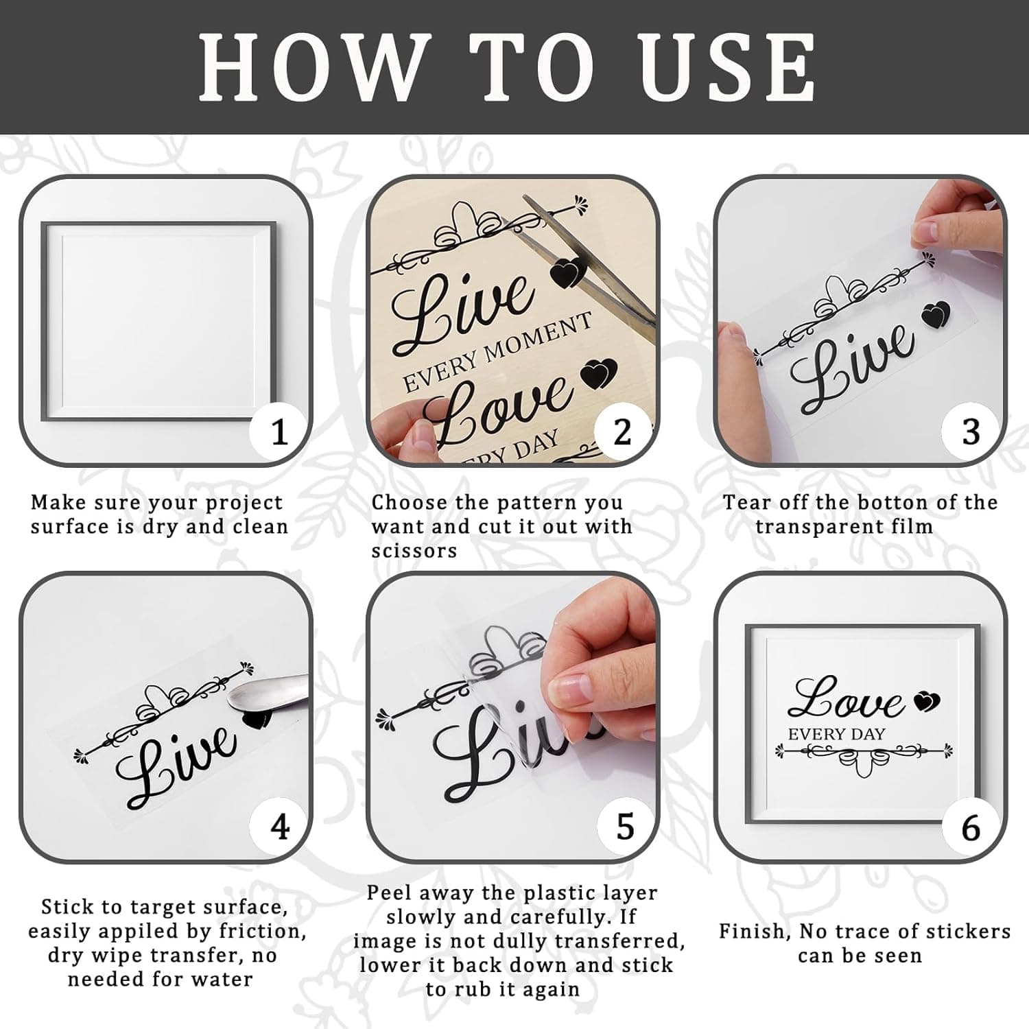 Whaline 11 Sheets Vintage Word Rub on Transfers Decals for Crafts and Furniture Black Warm Letters Rub on Transfer Furniture Stickers Decals for School Home Office DIY Art Craft Decor, 5.5 x 5.5Inch Simple - Image 4