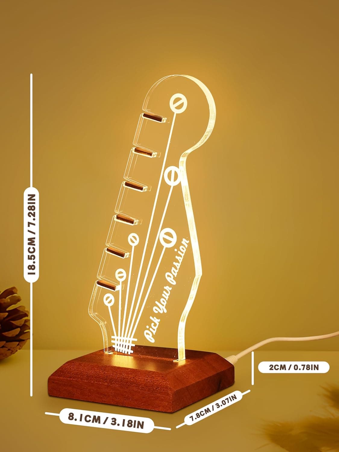 Light Up Guitar Pick Holder, Electric Guitar Headstock Shaped Acrylic & Wooden USB Powered Display Case - Guitar Accessories Gift for Players/Men (Picks Storage Organizer) - Image 7