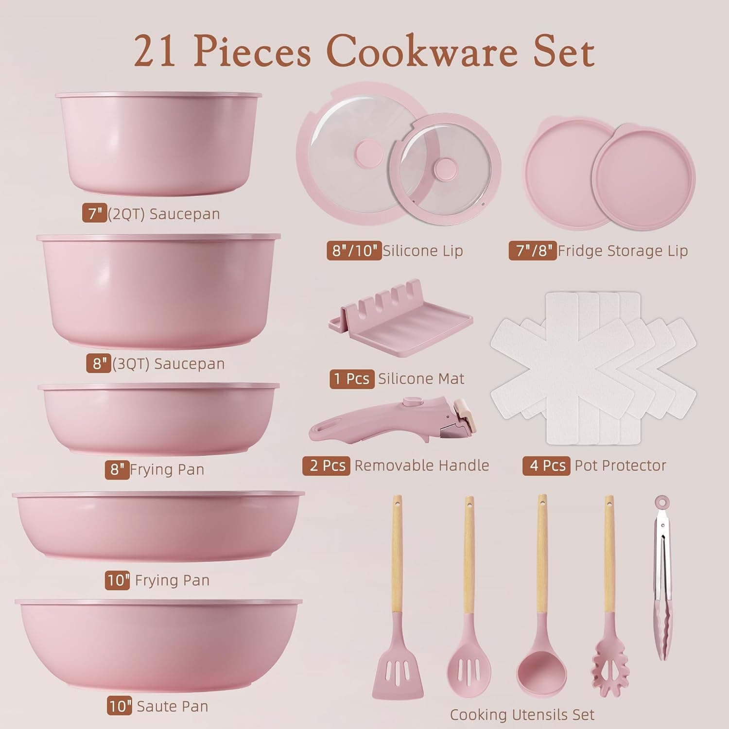 Astercook 21 Pcs Pots and Pans Non Stick Ceramic Cookware Set, Detachable Handles, RV Kitchen Cooking Set, Oven Safe, Induction Ready, Stackable, Pink - Image 10