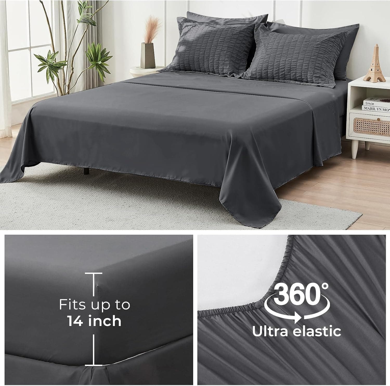 HYMOKEGE Queen Comforter Set Seersucker 7 Pieces, All Season Luxury Bed in a Bag for Bedroom, Bedding Set with Comforters, Sheets, Pillowcases & Shams, Dark Grey Queen(88"x 88") Dark Grey - Image 7