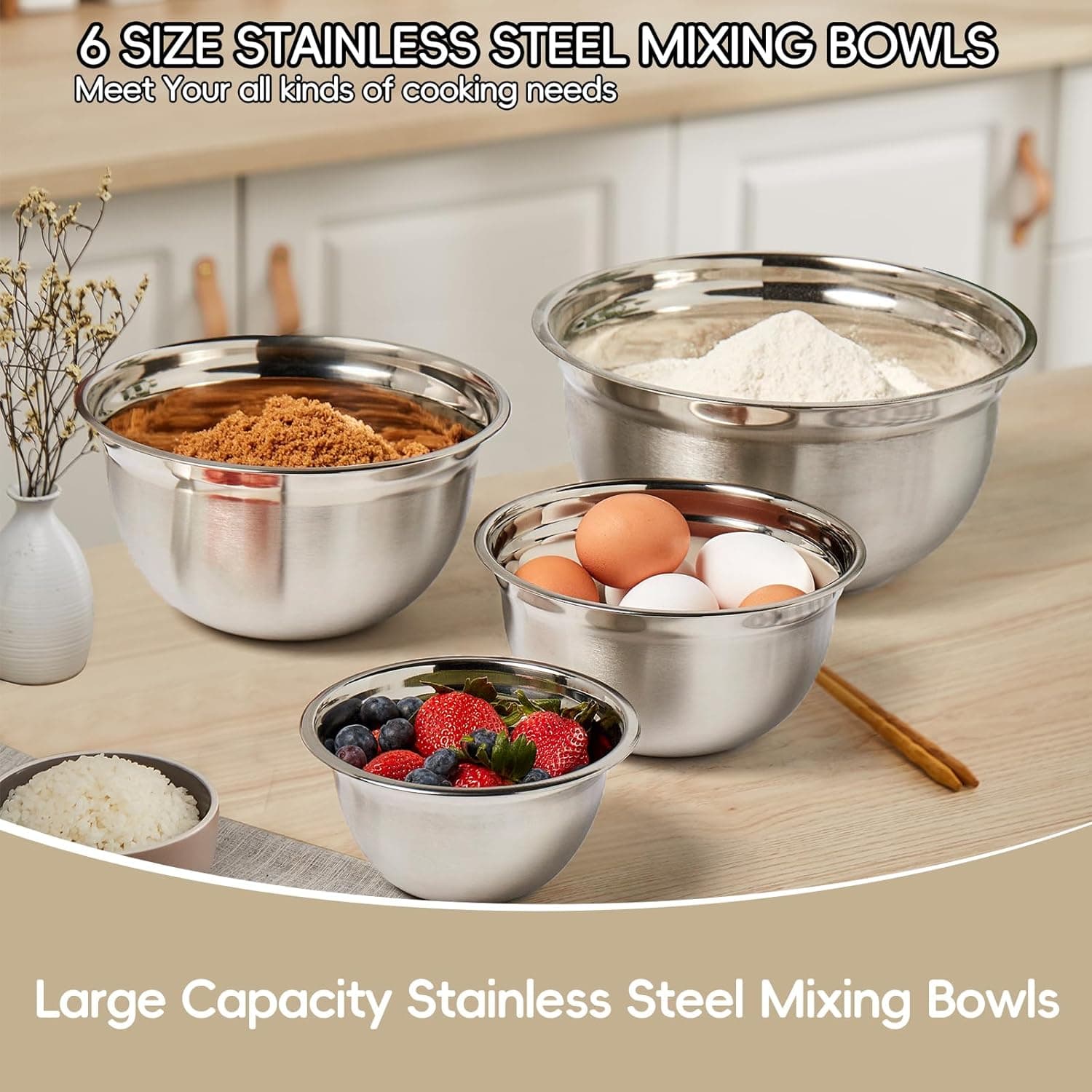 Mixing Bowls Set, 27PCS Khaki Mixing Bowls With Lids Set Stainless Steel Kitchen Large Nesting Metal Bowl 7QT to 1.5QT, Measuring Cups and Spoons for Prepping Cooking Serving Khaki Bowls Set - Image 4