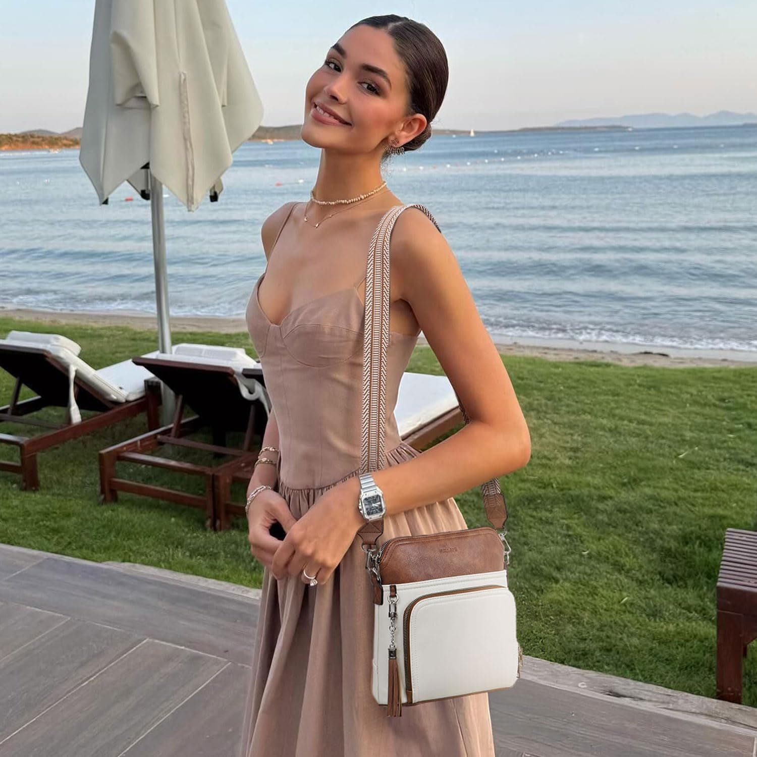 Roulens Crossbody Purse for Women Vegan Leather Medium Crossbody Wallet Bag for Travel Women Shoulder Handbags with Tassel Beige Brown - Image 3