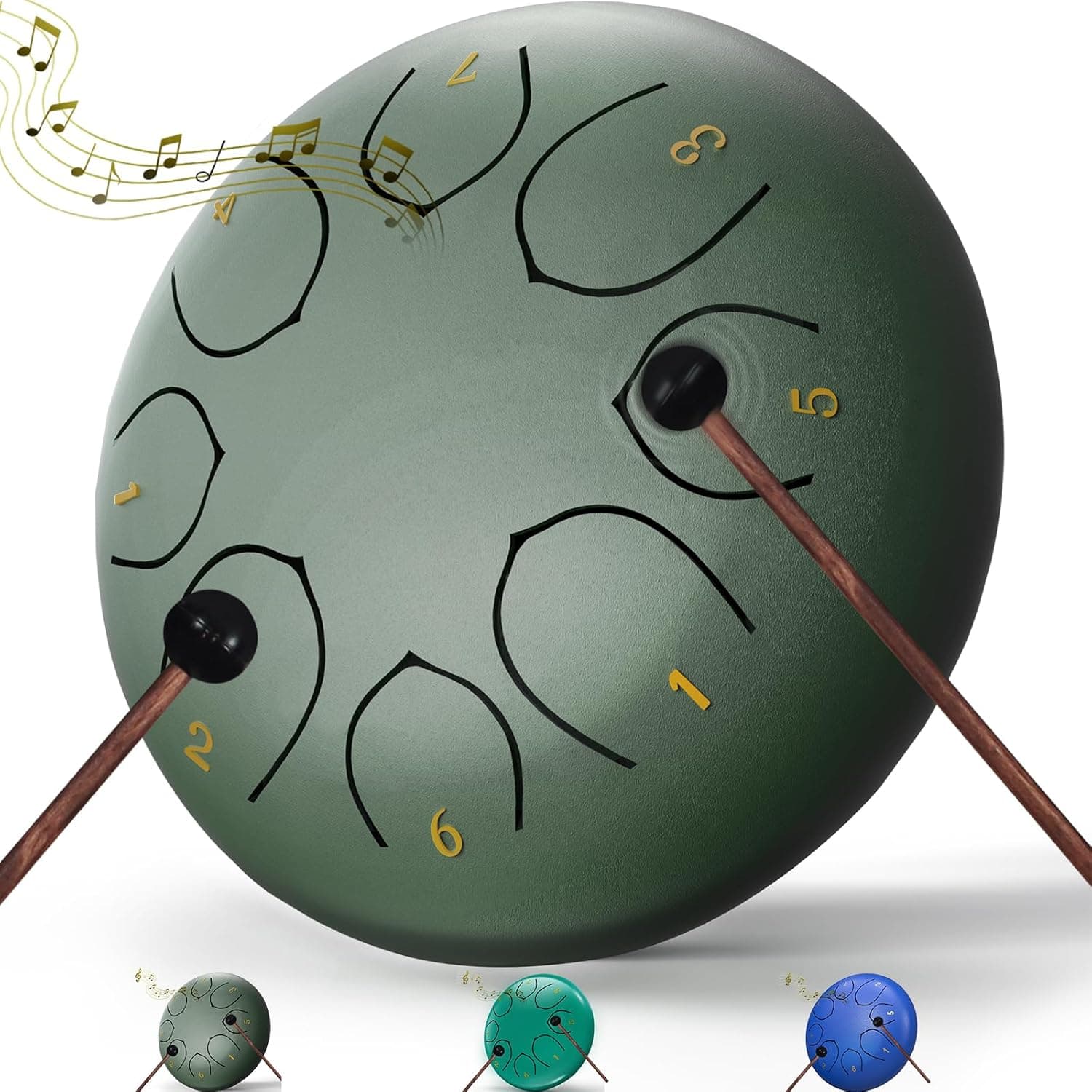 Rain Drum for Outside Garden, 6 Inches 8 Notes Steel Tongue Chakra Drums, Waterproof Meditation Rain Chime, Musical Instruments for Adult Gift with Bag, Music Book, Drum Mallets (Green) 6 Inches Green - Image 2