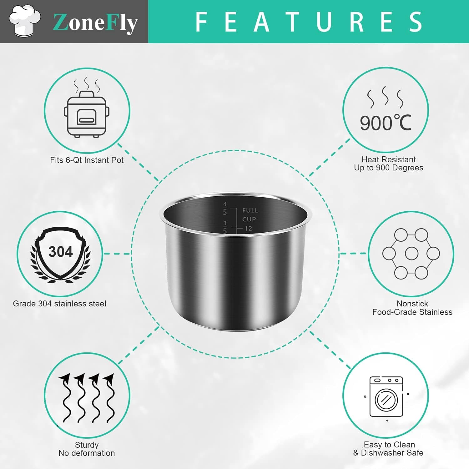 ZoneFly Stainless Steel Inner Pot Compatible with Instant Pot 6 Qt, Original 6 Quart InstaPot Replacement with Polished Surface Non-Stick and 2 Sealing Rings Upgrade 6QT pot & ring - Image 3