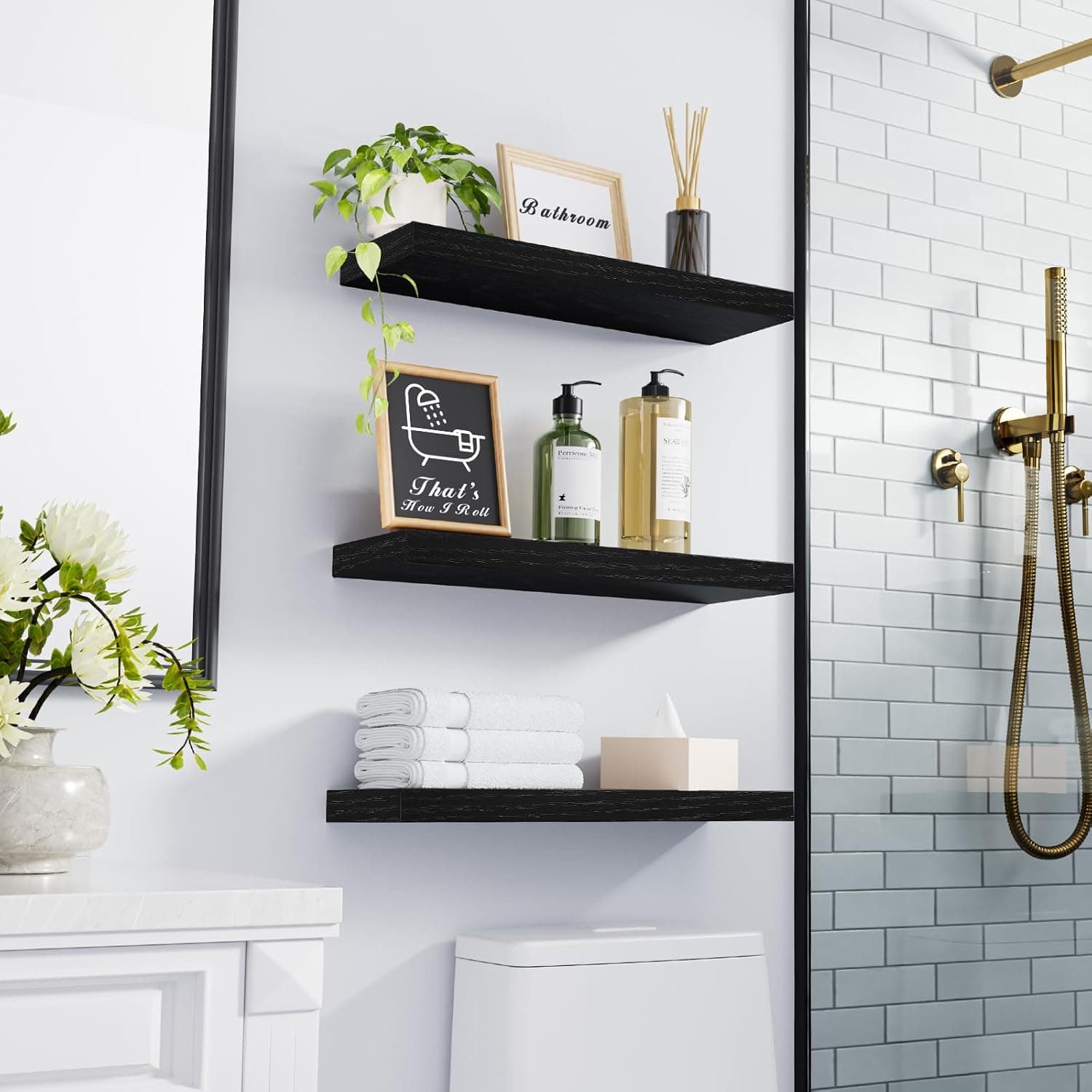 BAYKA Floating Shelves for Wall, Wall Mounted Rustic Wood Shelves for Bathroom, Bedroom, Living Room, Kitchen, Hanging Shelf for Books/Storage/Room Decor with 22lbs Capacity (Black, Set of 3, 15.7in) A. Black - Universal Classic Style 15.7inches - Image 3