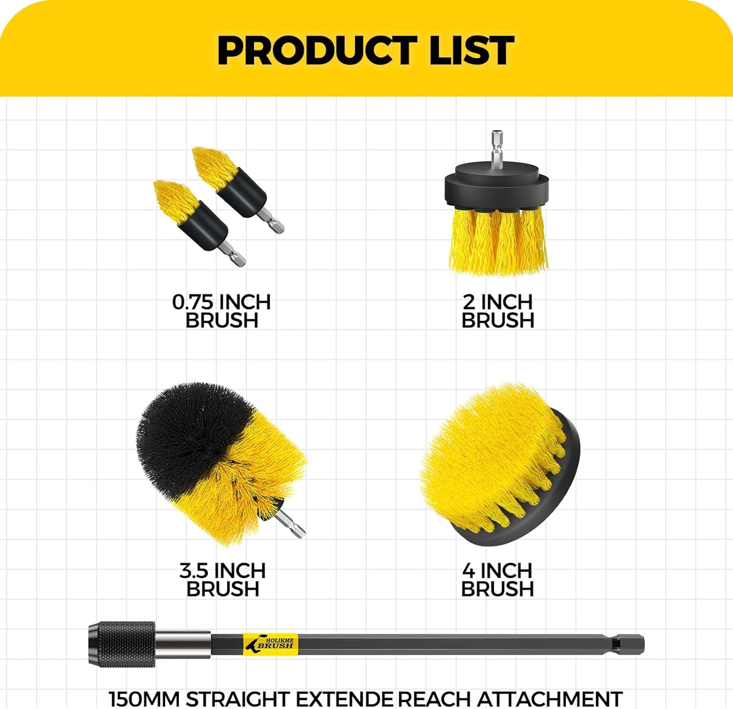 Holikme 6Pack Drill Brush Power Scrubber Cleaning Brush Extended Long Attachment Set All Purpose Drill Scrub Brushes Kit for Grout, Floor, Tub, Shower, Tile, Bathroom and Kitchen Surface，Yellow - Image 8