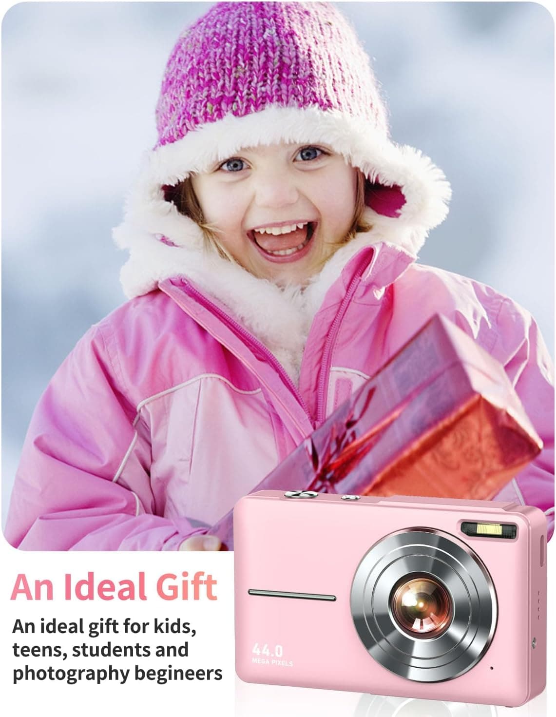 Digital Camera, FHD 1080P Point and Shoot Kids Camera, with 32GB Card, 2 Batteries, 16X Zoom Anti Shake Date Stamp, Compact Portable Small, for Starter Kid Children Teen Student Girl Boy(Pink) - Image 7
