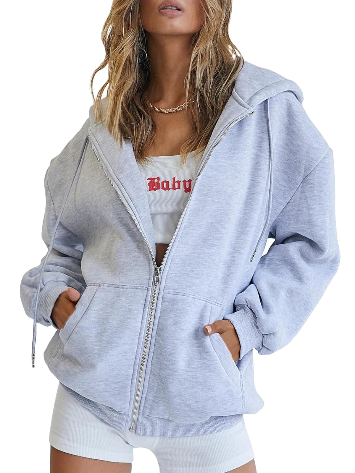 Trendy Queen Womens Zip Up Hoodies Oversized Sweatshirts Fall School Fashion Outfits Casual Jackets 2025 Winter Clothes Medium Grey