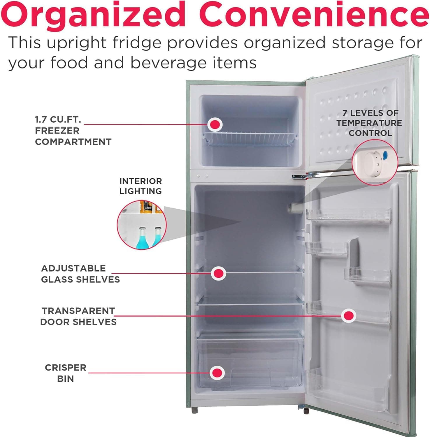 Frigidaire EFR753 Retro Apartment Size Refrigerator with Top Freezer - 2 Door Fridge with 7.5 Cu Ft of Storage Capacity, Adjustable Spill-Proof Shelves, Door & Crisper Bins, Mint MINT Double Door Fridge - Image 6