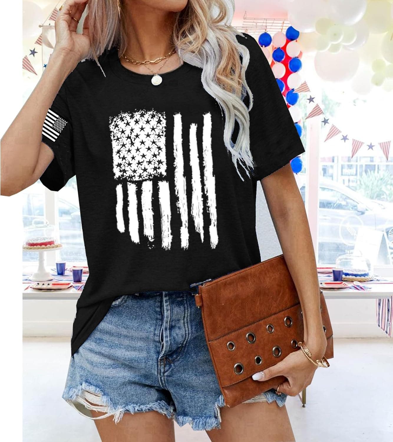 American Flag Patriotic T-Shirt for Women 4th of July Shirts Graphic Tees USA Flag Short Sleeve Shirt Tops Black-4 Medium - Image 4