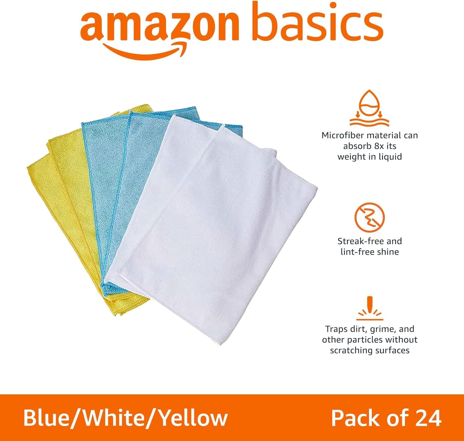 Amazon Basics Microfiber Cleaning Cloths, Ultra Absorbent, Lint Free, Streak Free, Non-Abrasive, Reusable and Washable, 16" x 12", Blue/White/Yellow, Pack of 24 Blue/White/Yellow 24-Pack - Image 3