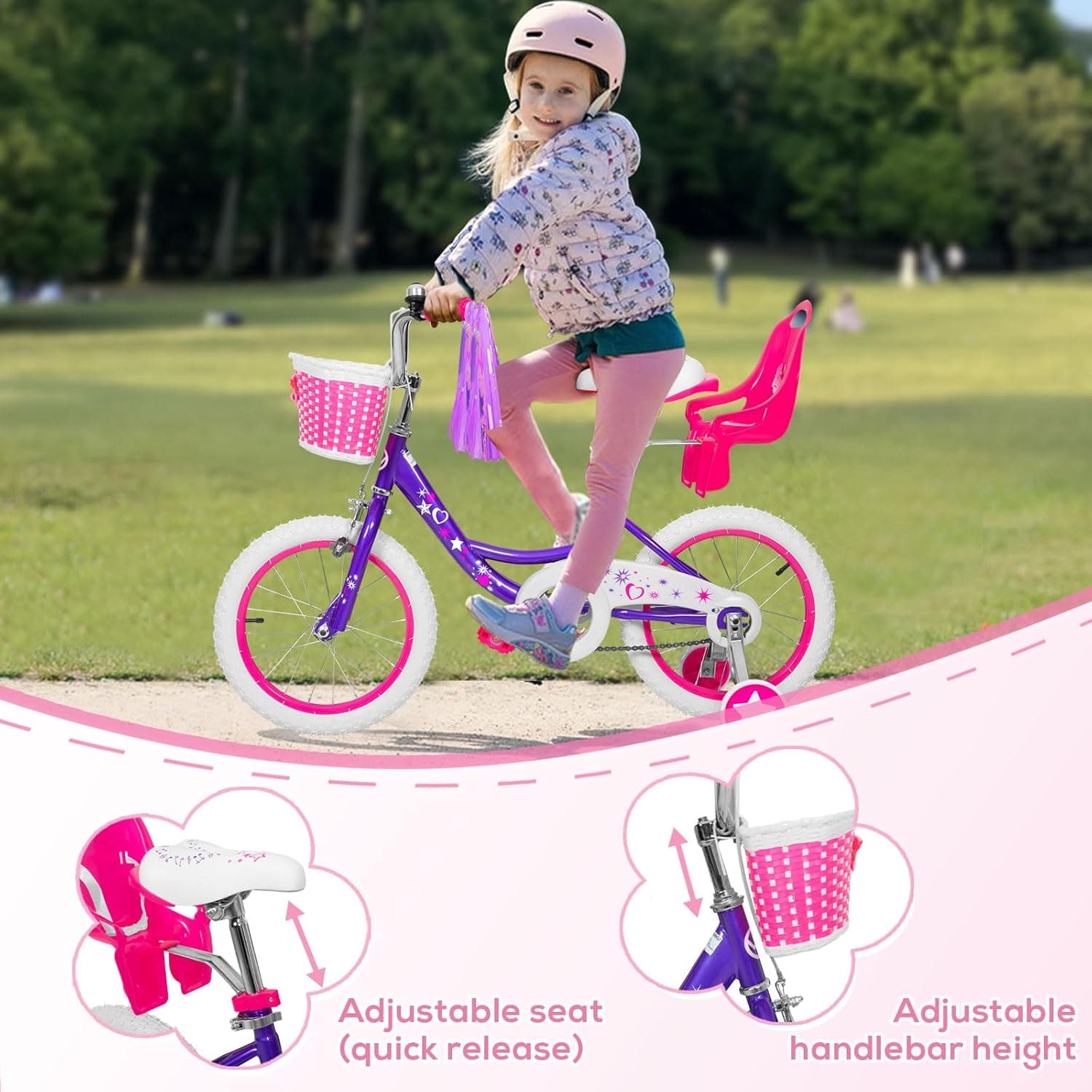 WEIZE Girls Bike for 3-12 Years Old Kids, 14 16 20 Inch Kids Bike with Training Wheels, Streamers, Basket and Doll Seat, Children Bicycles with Coaster Brake, Multiple Colors Purple 14 Inch With Training Wheels - Image 7