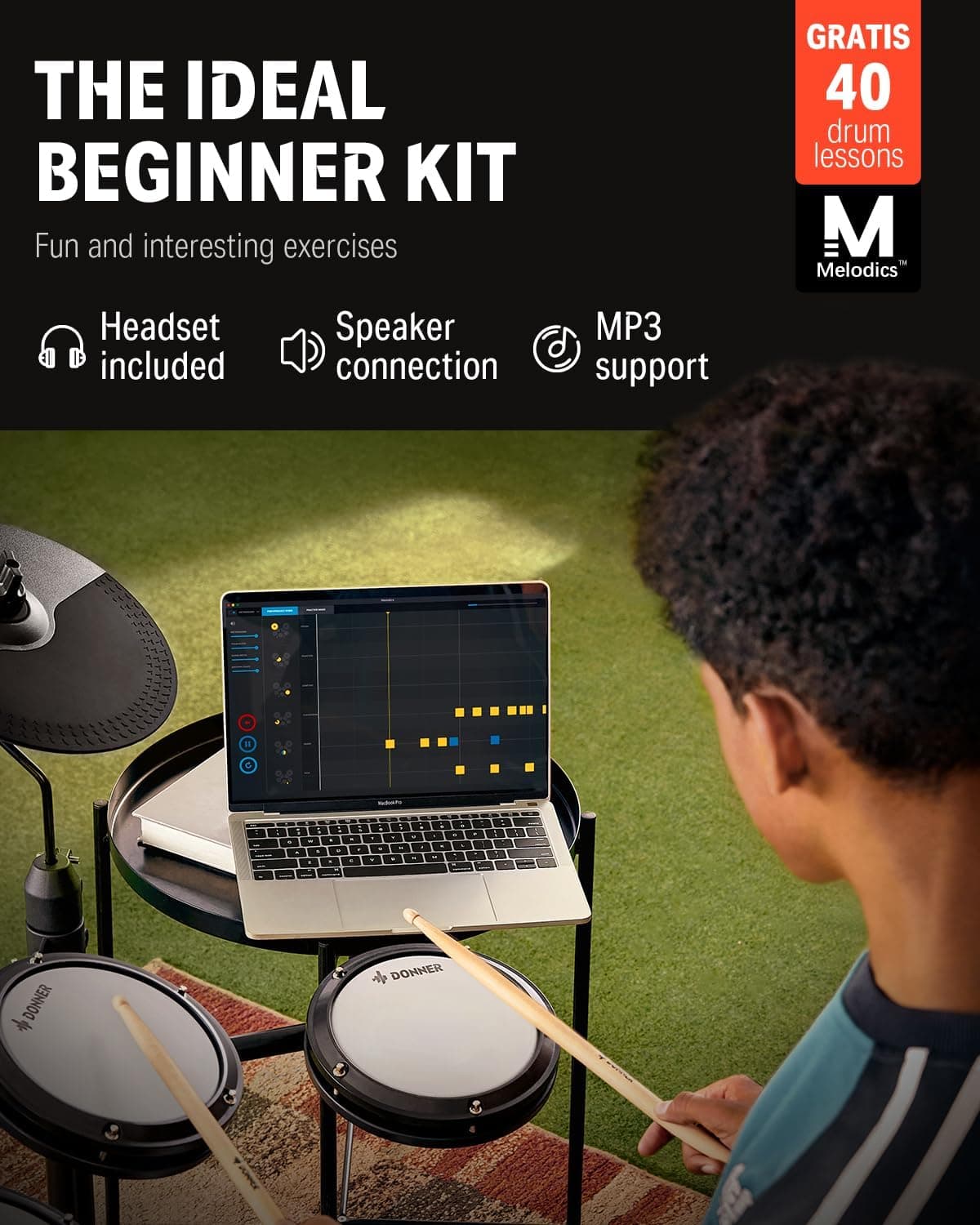 Donner DED-80 Electronic Drum Set with 4 Quiet Mesh Pads, 180+ Sounds, 2 Pedals, Throne, Headphones, Sticks, and Melodics Lessons Black - Image 2