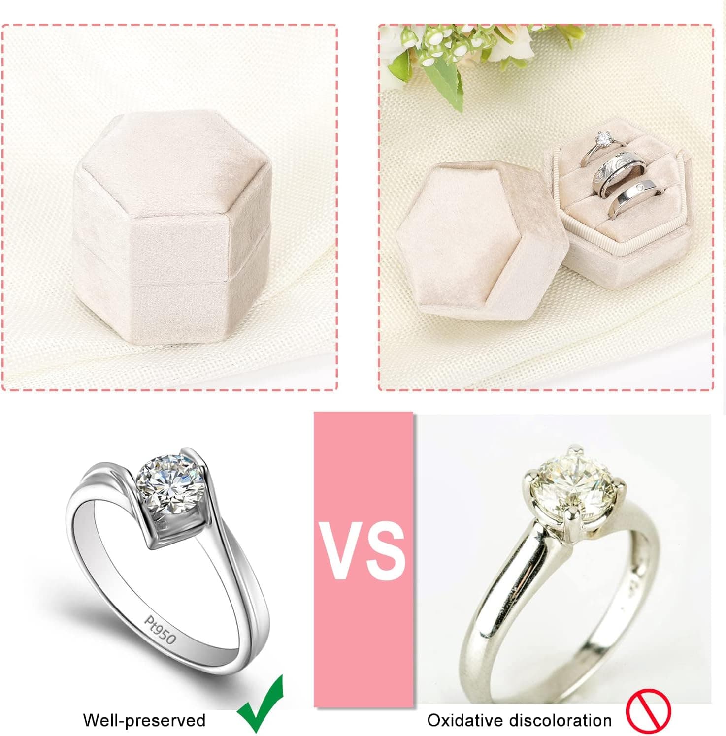 WantGor Velvet Jewelry Ring Box, 3 Slots Hexagon Ring Gift Box Vintage Ring Display Holder Case for Wedding Ceremony Proposal Engagement (Beige, 3 Slots) 3 Slots Beige - Image 3