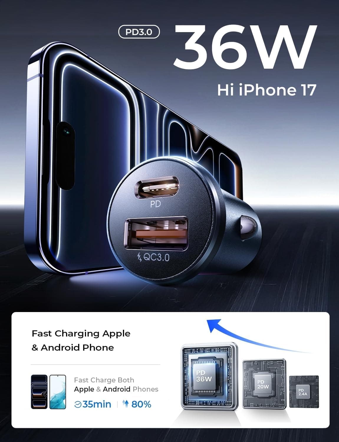 LISEN 54W Car Phone Charger USB C, Cigarette Lighter Adapter, Car Accessories for iPhone, USB C Car Charger Adapter USBC Type C 12v, for iPhone 17 Pro Max 16 15 14 13 12, Samsung Google iPad Andorid Black 2 Pack - Image 4