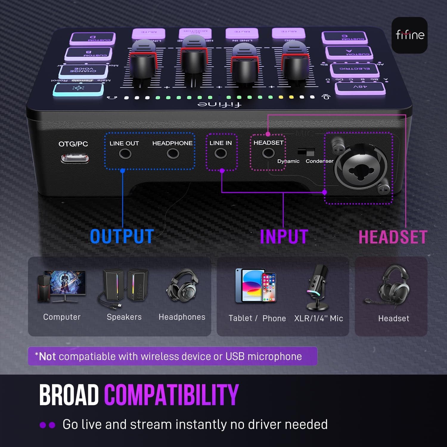 FIFINE Gaming Audio Mixer, Streaming RGB PC Mixer with XLR Microphone Interface, Individual Control, Volume Fader, Mute Button, 48V Phantom Power, for Podcast/Recording/Vocal/Game Voice-AmpliGame SC3 Black - Image 5