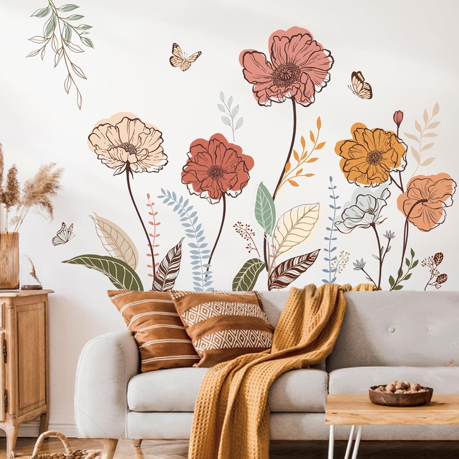 wondever Boho Flower Wall Stickers Wildflower Floral Grass Peel and Stick Wall Art Decals for Living Room Bedroom TV Wall - Image 2