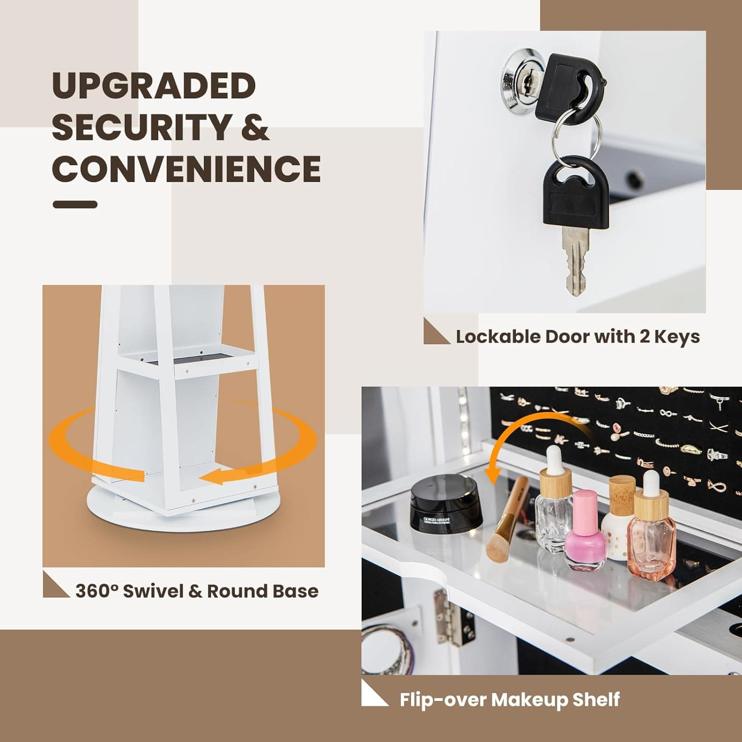 CHARMAID 360° Rotating Jewelry Armoire with LED Lighted Full Length Mirror & Built-in Vanity Mirror, Lockable Standing Jewelry Cabinet with Lights, Large Storage Organizer for Jewelry (White) White 63"H with LED Mirror - Image 7