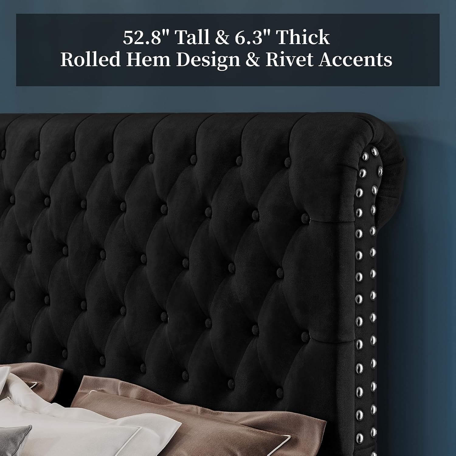 PaPaJet King Bed Frame Upholstered Platform Bed Frame with 53'' Tall Sleigh Headboard, Button Tufted, No Box Spring Needed, Easy Assembly, Black Black King - Image 4