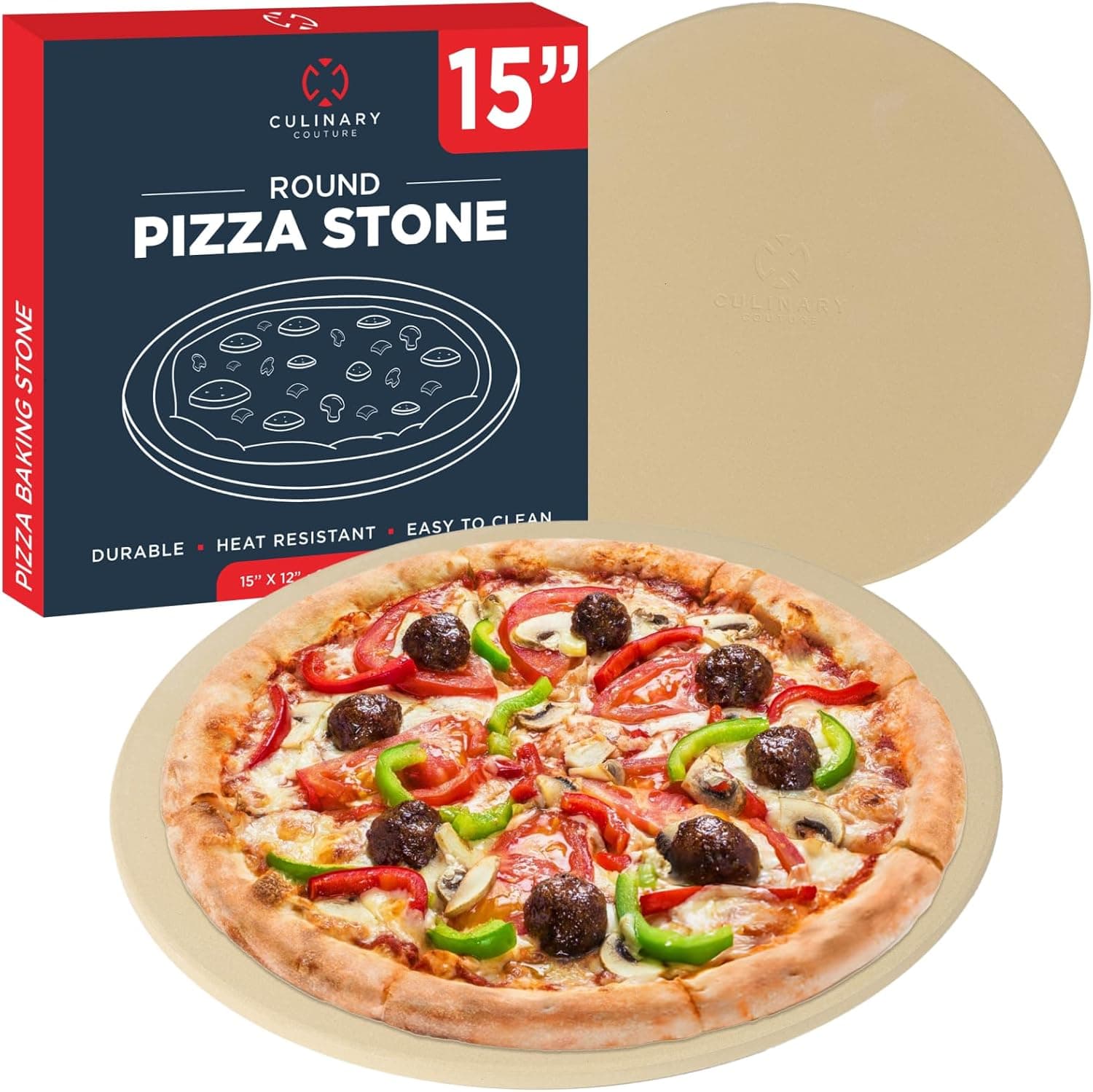 Culinary Couture 15 inch Round Pizza Stone for Oven - Large Pizza Stone for Grill, Cordierite Stones for Bread, Calzone, Cookies - Pizza Making Kit 15-inch Round - Image 2