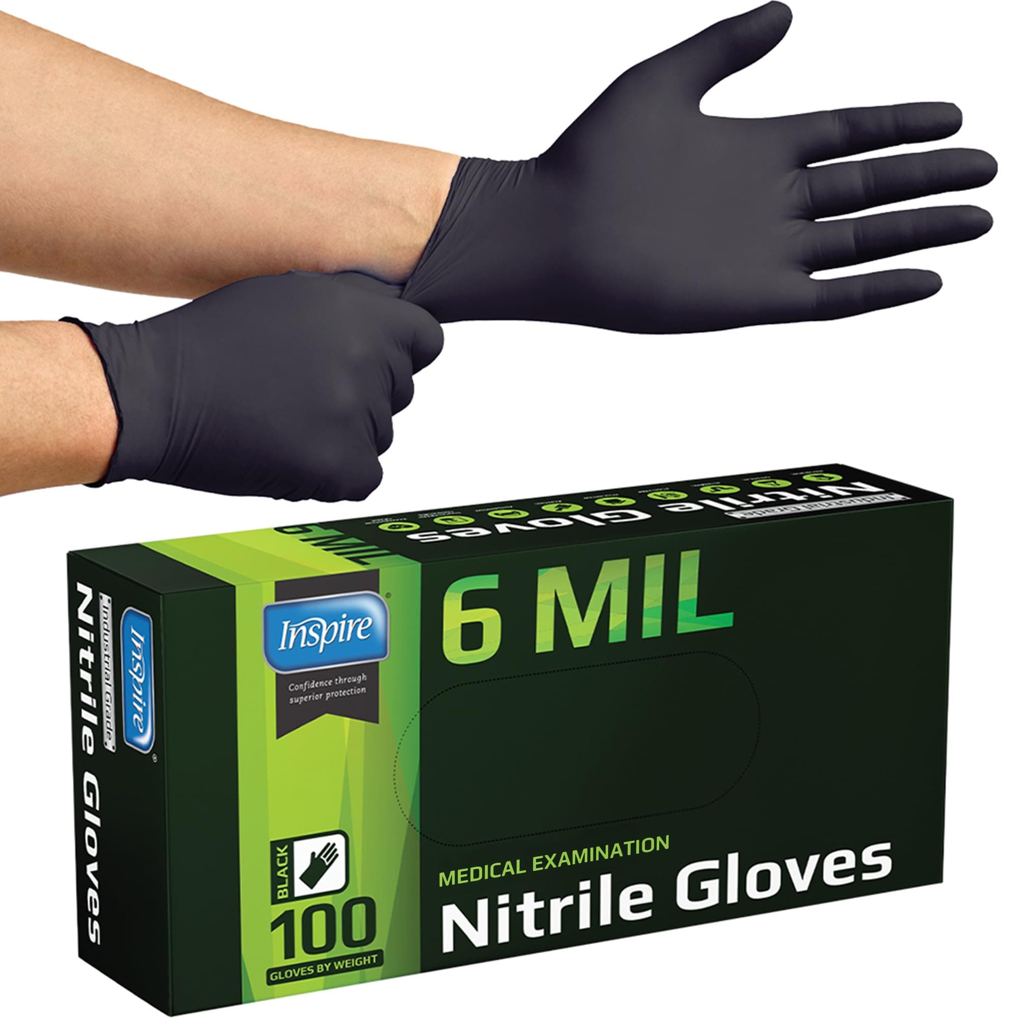 Inspire Black Nitrile Gloves HEAVY DUTY 6 Mil Nitrile Chemical Resistant Medical Cooking Cleaning Disposable Black Gloves Large Black 6mil Box of 100