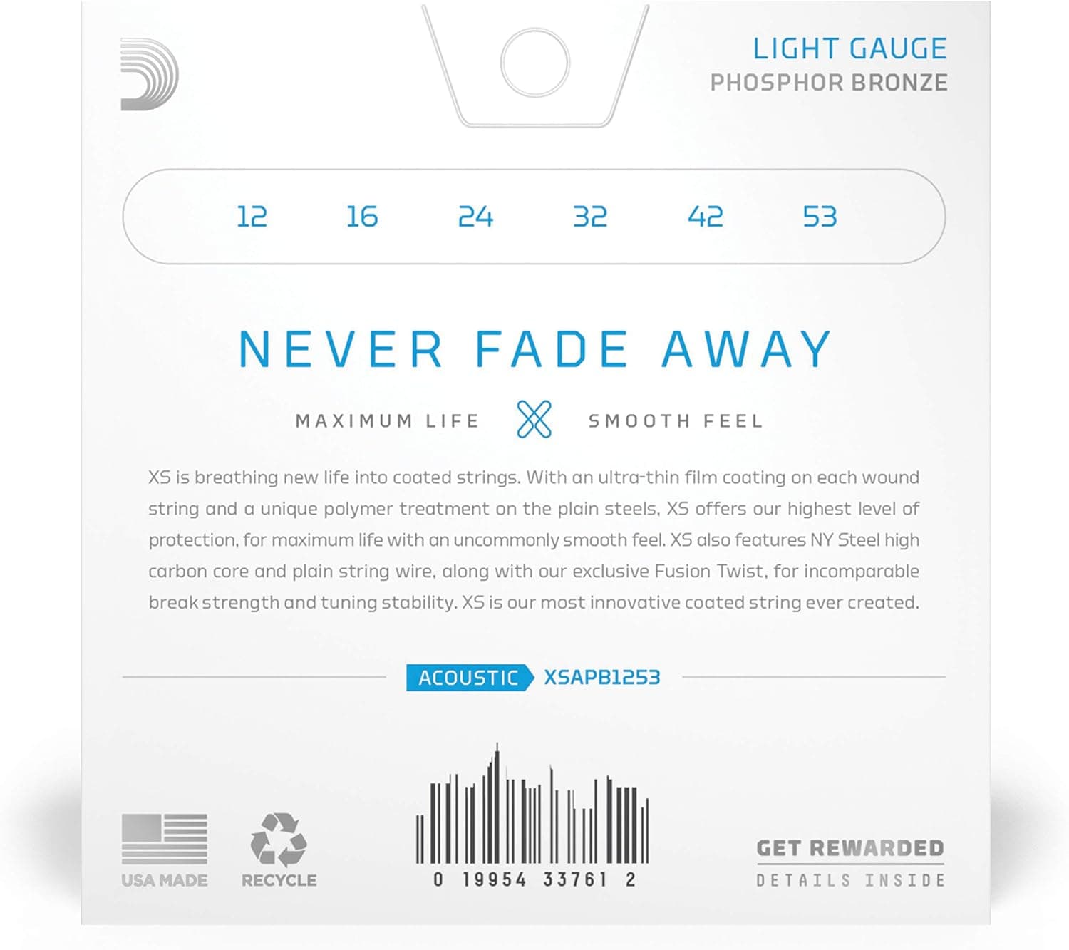 D'Addario Acoustic Guitar Strings, XS Phosphor Bronze Coated, XSAPB1253, Light Gauge 12-53, 6-String Set, Pack of 1 1-Pack Light, 12-53 - Image 3