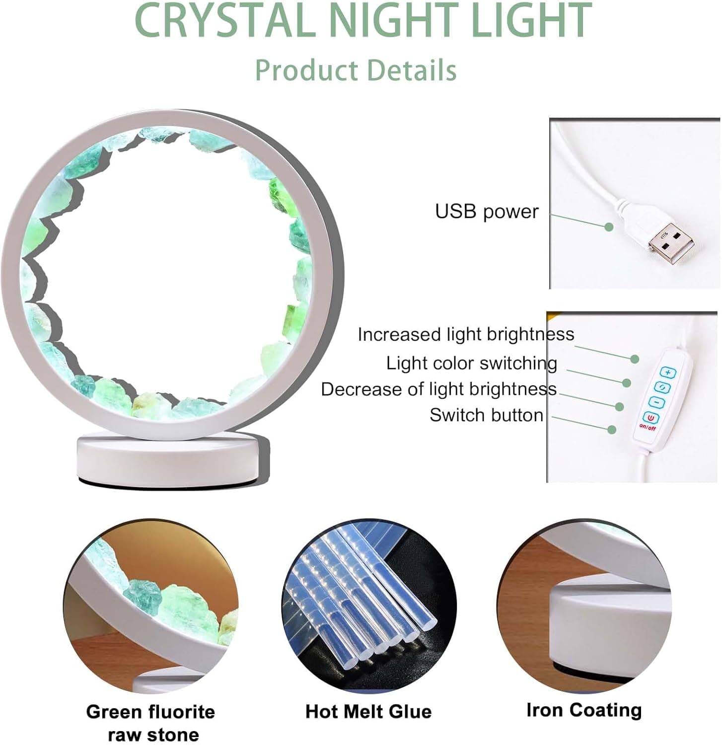 Runyangshi Natural Crystal Green Fluorite Round White Frame Tri-Color Ambient Light Home Decoration Night Light Mother's Day Gift - Image 4