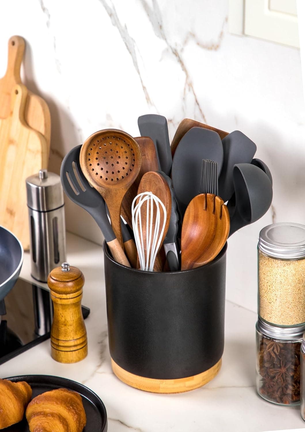 Nucookery 360°Rotating Utensil Holder, 7.2" Kitchen Utensil Crock, Ceramic Cooking Utensil Organizer with Countertop-Protection Cork Bottom for Farmhouse Kitchen Decor Christmas (Stone Black) - Image 4