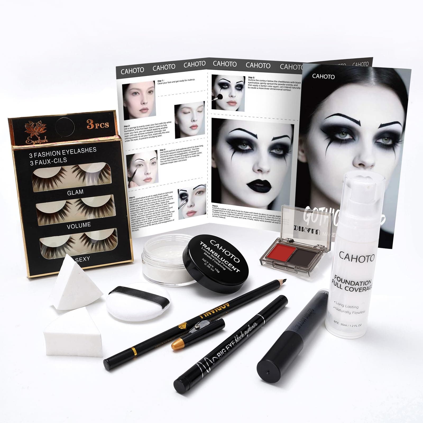 Halloween Goth SFX Makeup Kit, Complete Gothic Makeup Set Include White Liquid Foundation, Eyeliner, Setting Powder, Eyeshadow & Black Lipstick for Halloween Cosplay, Carnival, Theater