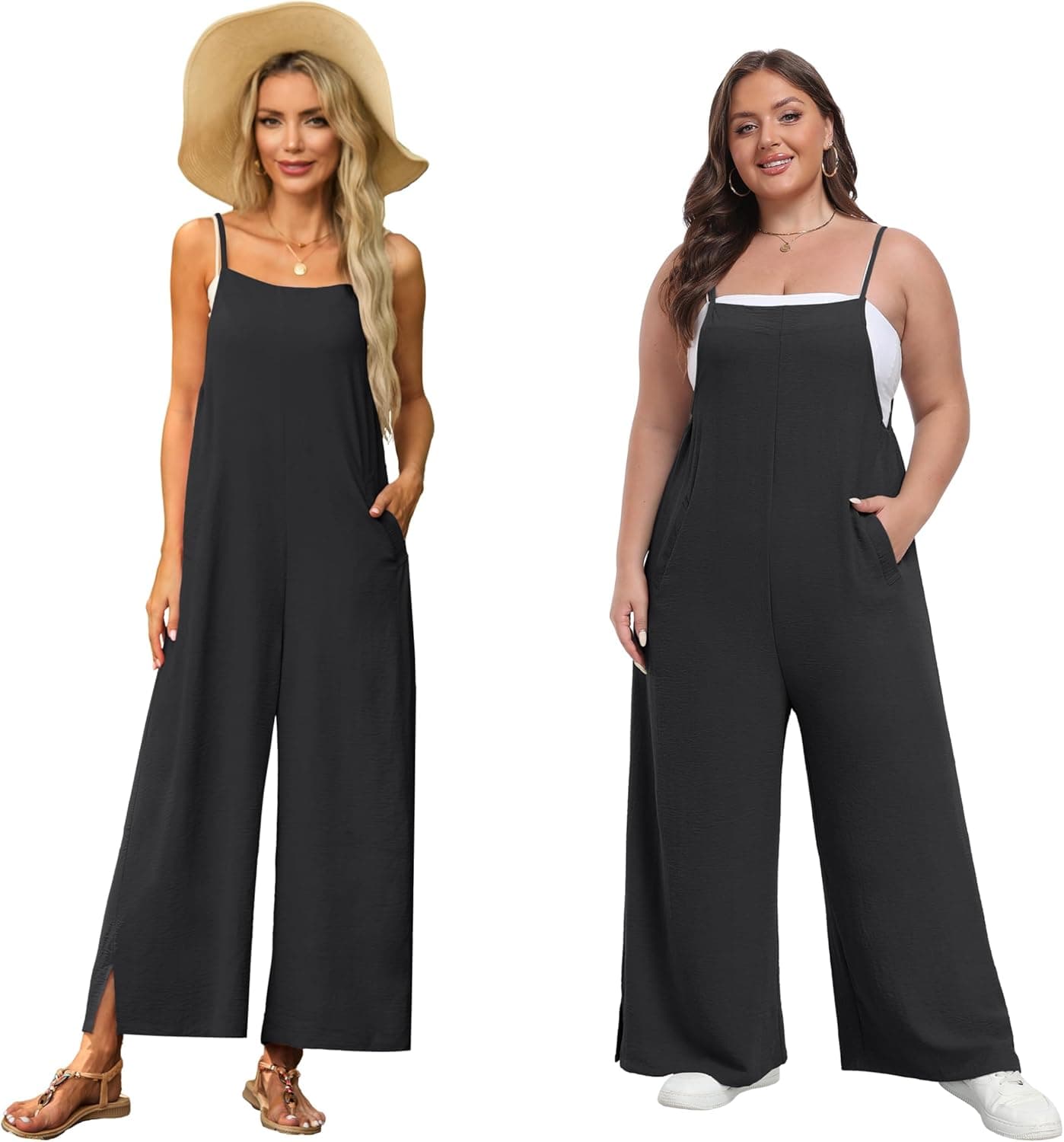 Lepunuo Womens Casual Loose Jumpsuits Summer Boho Wide Leg Rompers Sleeveless Overalls with Pockets A - Black Large - Image 6