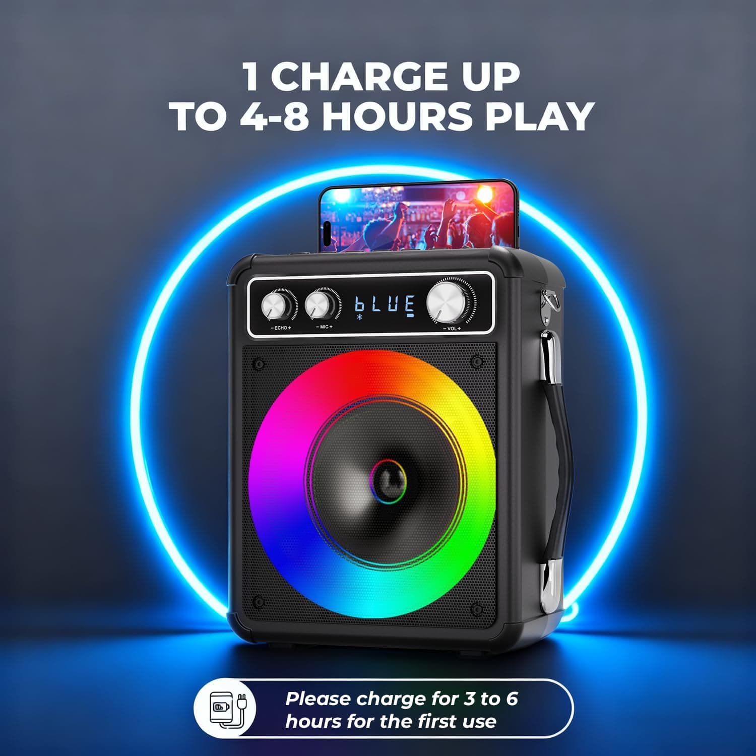 Karaoke Machine, Portable Bluetooth Karaoke Speaker with 2 Wireless Microphones, PA System for Adults Kids with LED Lights & Echo Adjustment, Supports TWS/TF/USB/AUX for Home Party T03-2 MICS - Image 5