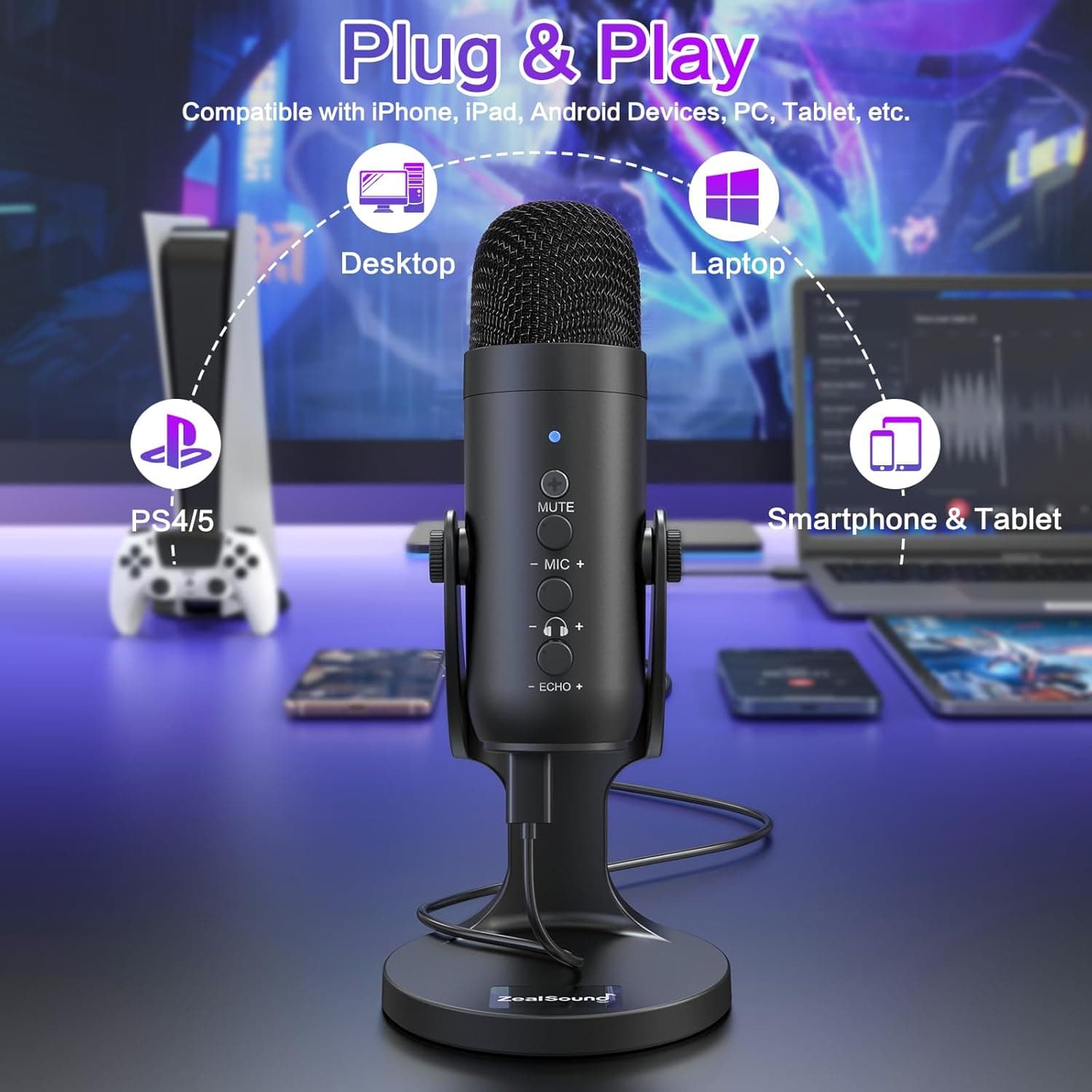 ZealSound Podcast Microphone for PC, Noise Cancellation USB Mic with Gain, Volume Adjustment & Mute Button, Monitoring & Echo, for YouTube, TikTok, Podcasting, Streaming, iPhone, iPad, Android, Mac Black - Image 2
