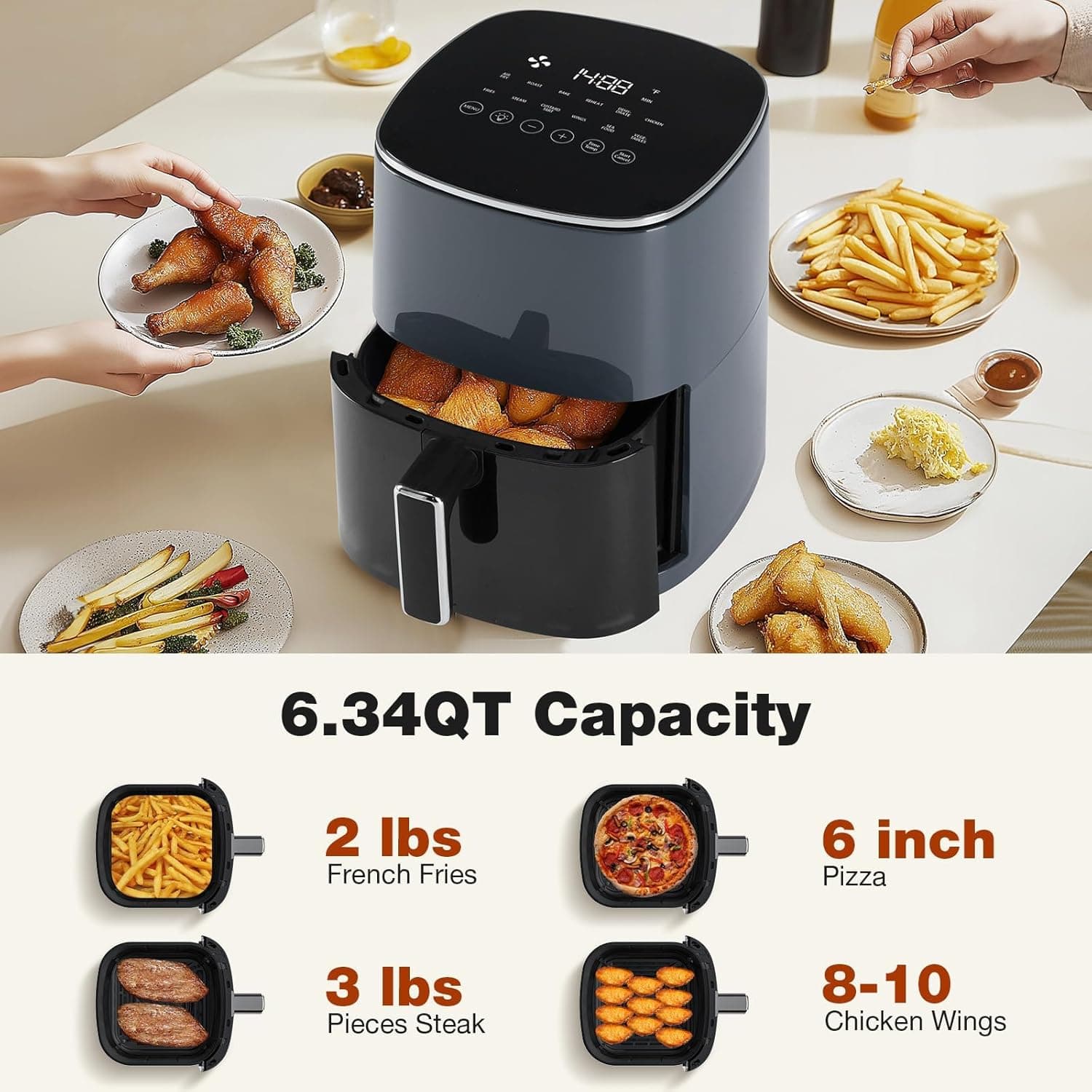OLIXIS Air Fryer 6 Quart with Window Square Air Fryer 12-in-1 Air Fry, Roast, Reheat, Dehydrate, Bake, Steam, Fries, Custard, Chicken, Wings, Sea Food, Vegetabels,400F Grey Dark Grey - Image 5