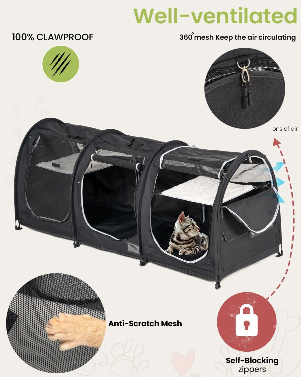 Portable Three Compartment Show House Cat Cage Condo - Easy to Fold & Carry Kennel - Comfy Puppy Home & Dog Travel Crate with Portable Carry Bag,2 Hammocks,3 Mats and Collapsible Litter Boxs Black - Image 6