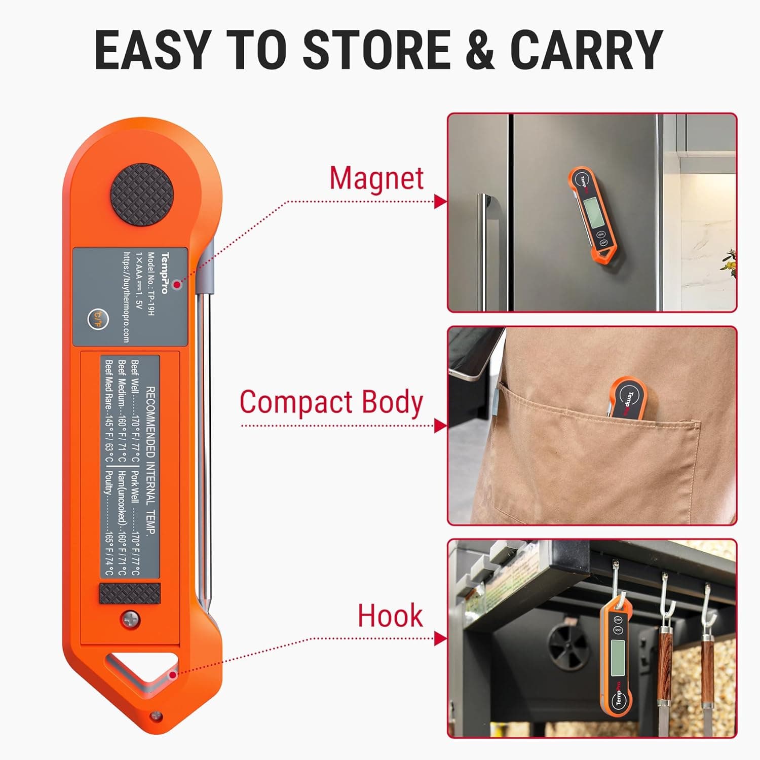 TempPro TP19H Digital Meat Thermometer for Cooking with Ambidextrous Backlit and Motion Sensing Kitchen Cooking Food Thermometer for BBQ Grill Smoker Oil Fry Candy Instant Read (Previously ThermoPro) Bright-orange - Image 7