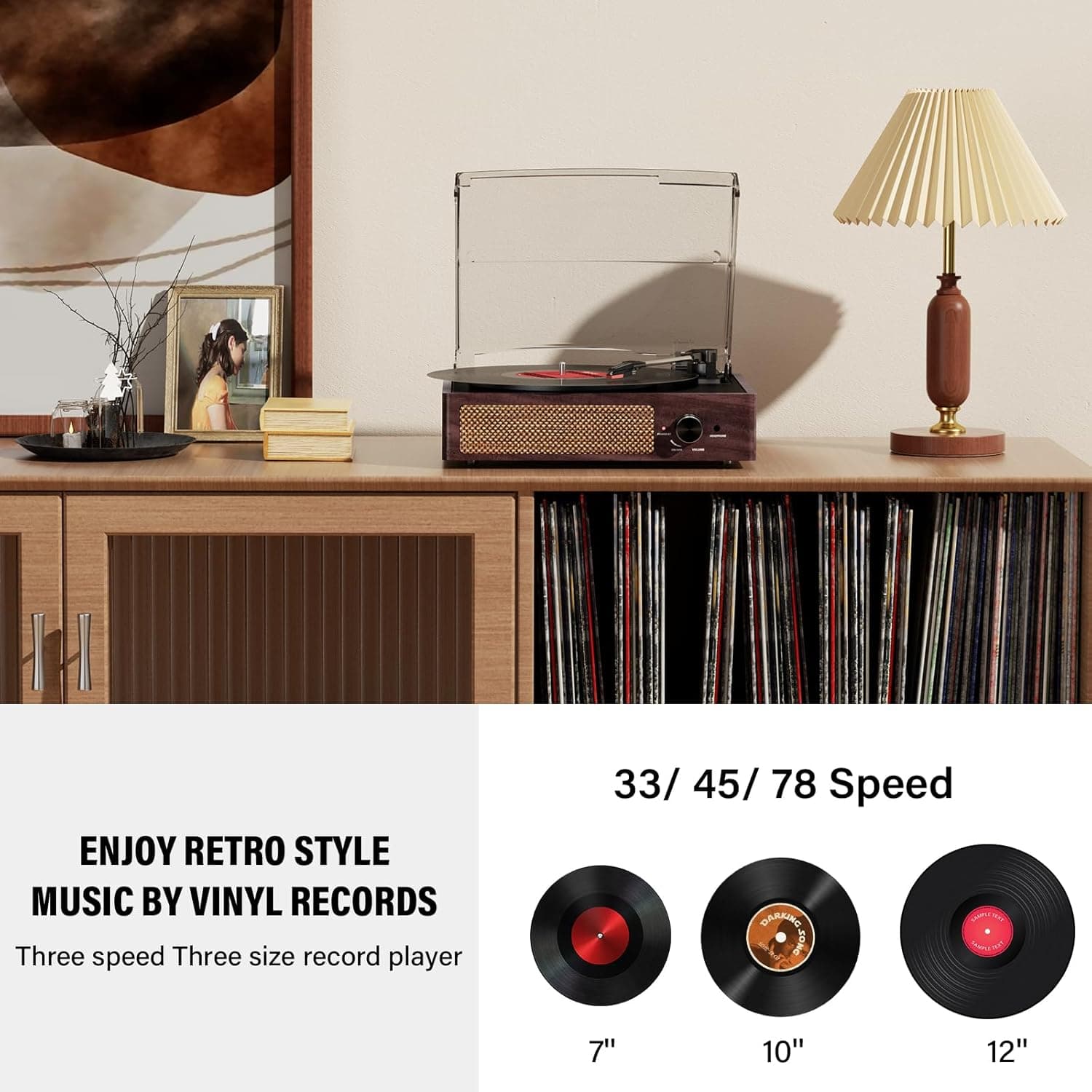 Reproductor de Vinilo con Bluetooth Integrado y 2 Altavoces Estéreo, Reproductor Retro Portátil de 3 Velocidades y 3 Tamaños para Entretenimiento y Decoración del Hogar Marrón - Image 4
