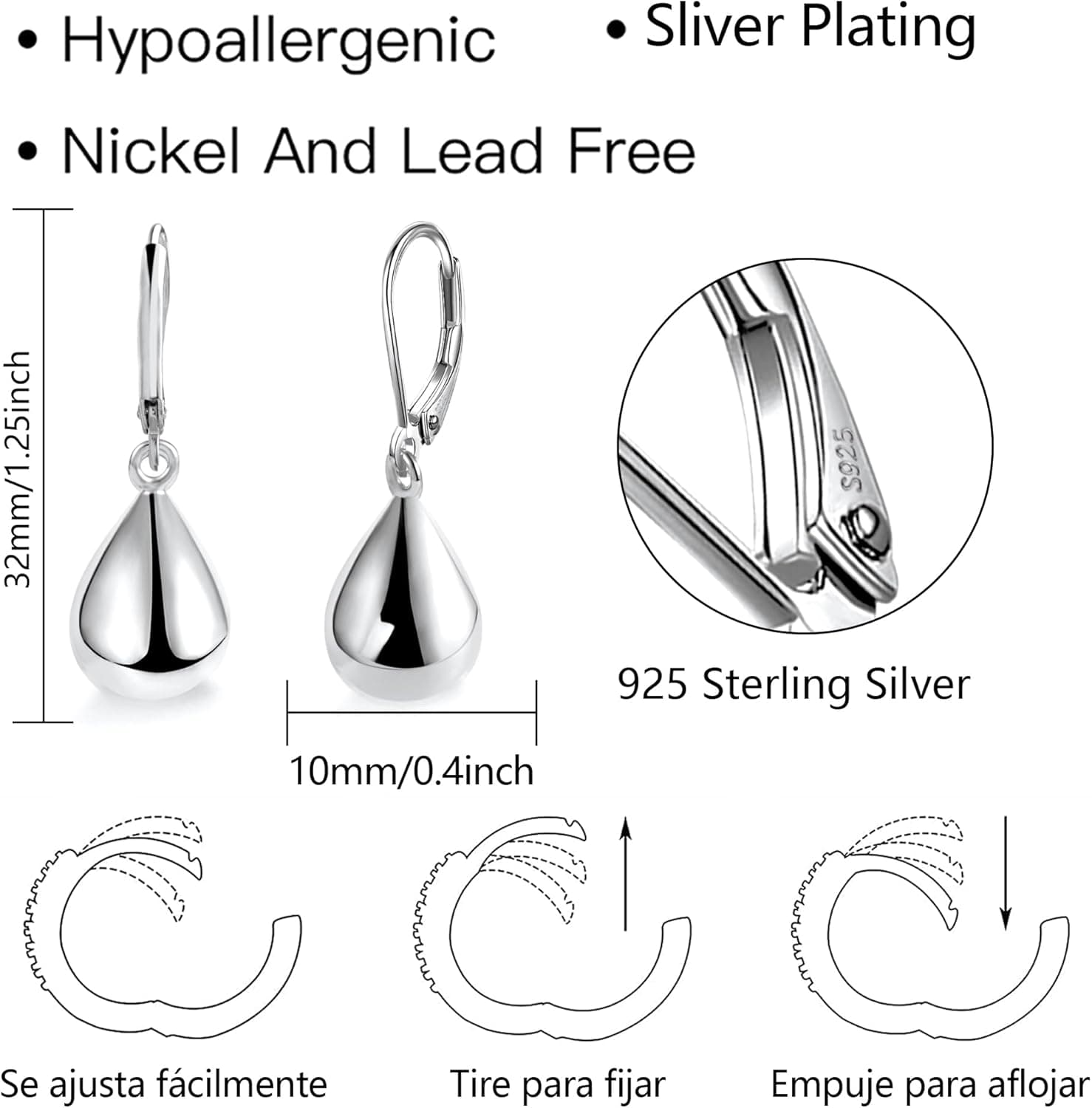 925 Sterling Silver Teardrop Leverback Earrings for Women Girls Waterdrop Tear Drop Dangle Earrings Jewelry Hypoallergenic Silver Teardrop Leverback Dangle Earring for Women A-Silver - Image 5
