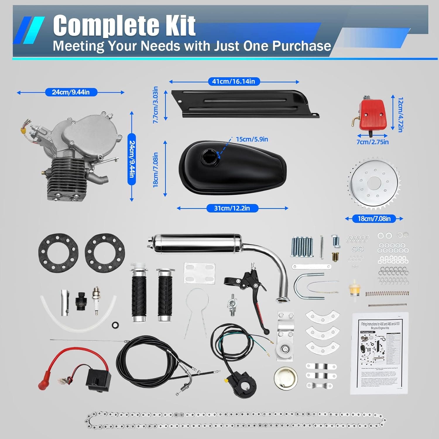 100CC Bicycle Engine Kit, 2 Stroke Gas Powered Bike Motor Conversion Kit Gas Motorized Motor Bike Motor Cycle Full Set Carburetor Assembly CDI Ignition Exhaust Muffler Fuel Tank (with Valve) - Image 6