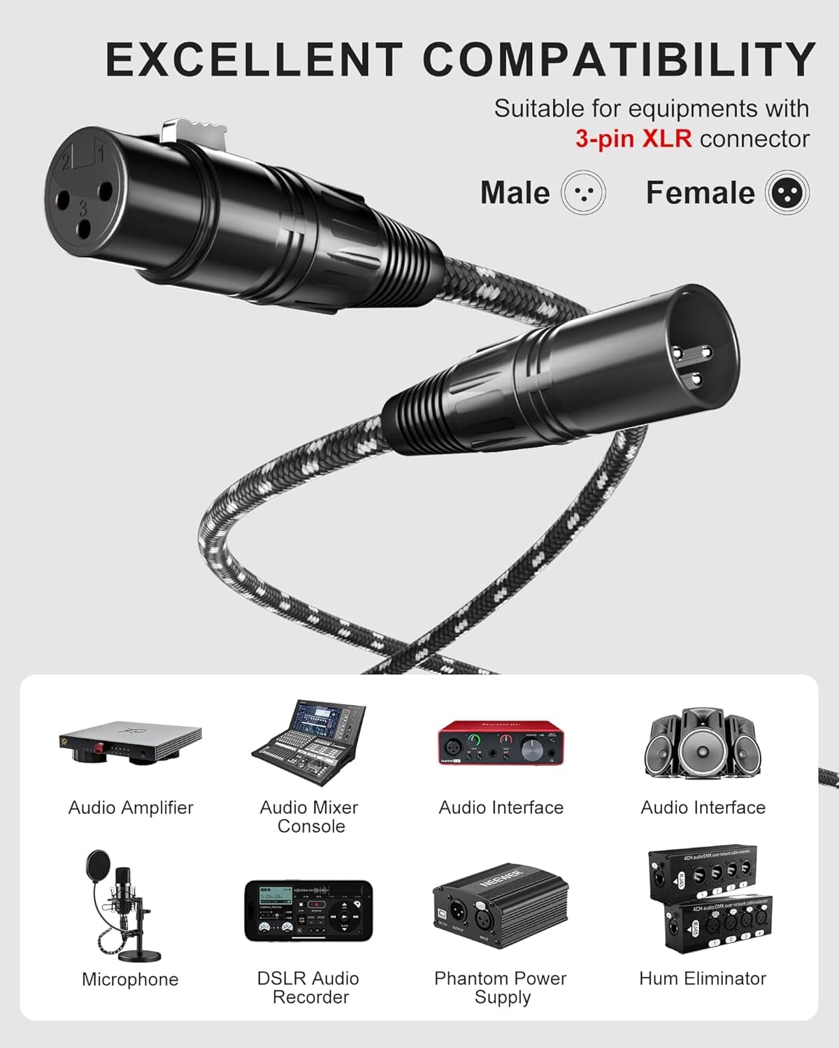 XLR Cables, 3ft 2 Pack Microphone Cable, XLR Male to Female Balanced Microphone Cord 3 pin, 3 Foot Short mic Cord Oxygen-Free Copper (OFC) Nylon Braided 3 Feet 2 Pack Black-White - Image 9