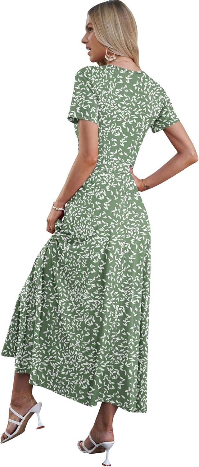 AUSELILY Maxi Dresses for Women Ankle Length Floral Print Beach Long Flowy Dress with Pockets Small Olive-green Leaf - Image 3