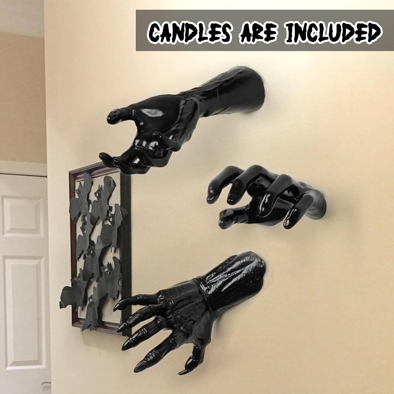 DAZONGE Halloween Decorations, Pack of 3 Wall Mounted Creepy Reaching Hands with Lighted Candles, Life-Sized Horror Hands for Gothic Wall Decorations, Scary Halloween Decorations Indoor set 1 - Image 3