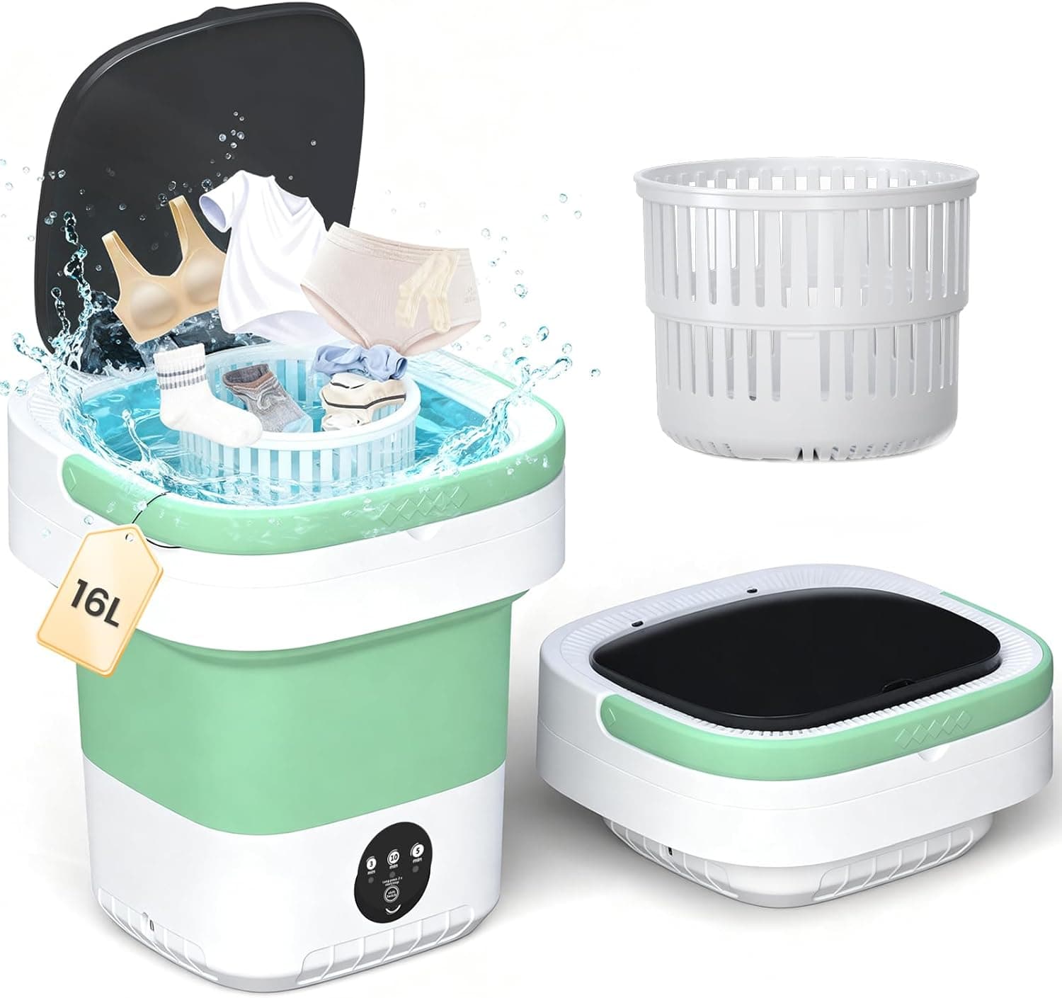 Portable Washing Machine - 16L Mini Foldable Washer with Spin Basket, 3 Cleaning Modes & Deep Cleaning for Small Clothes, Col - Image 2