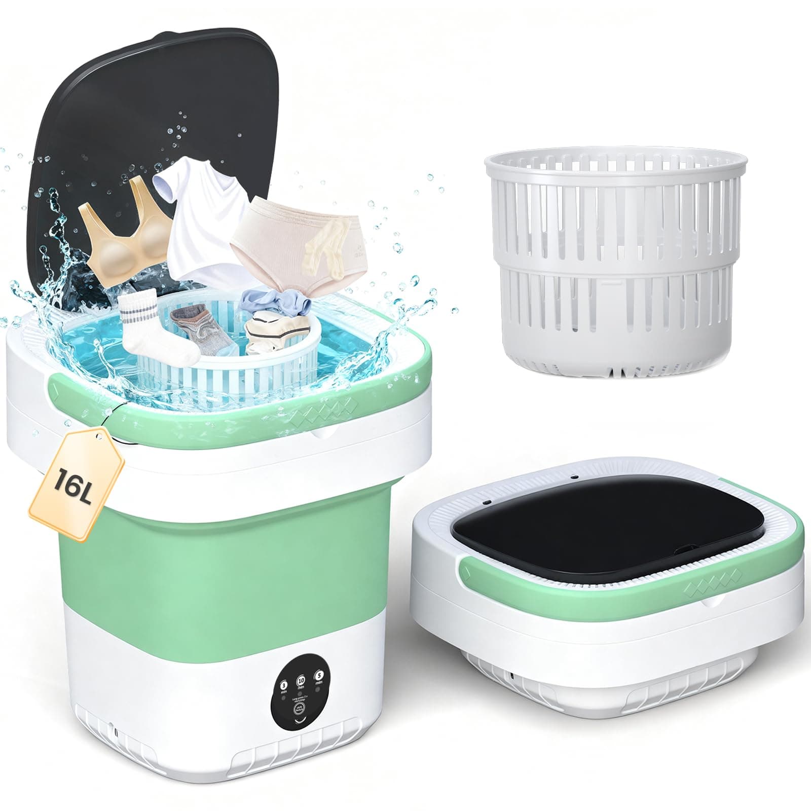 Portable Washing Machine - 16L Mini Foldable Washer with Spin Basket, 3 Cleaning Modes & Deep Cleaning for Small Clothes, Col