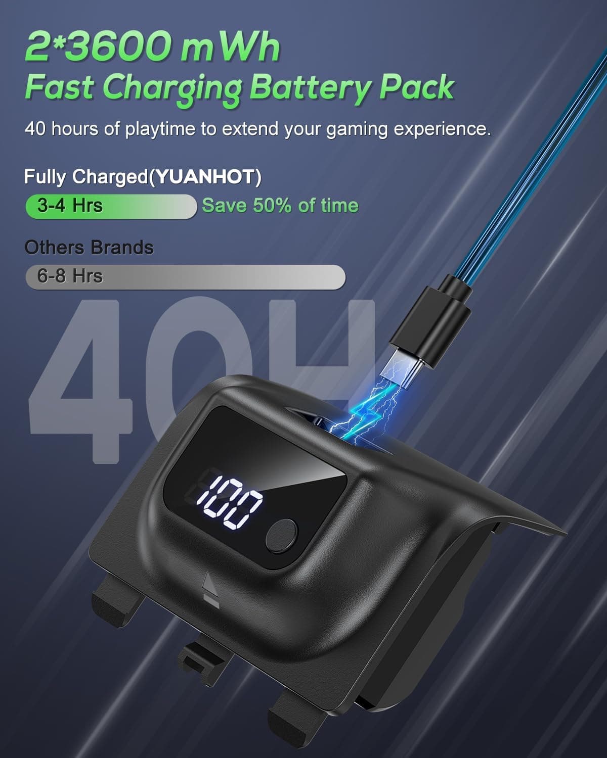 YUANHOT Rechargeable Battery Pack for Xbox Series X/S, LED Display 2 Pack 5180mWh Fast Charging for Xbox Controller Battery Pack, Remote Play and Charge Kit for Xbox Series X/S Accessories Black - Image 4