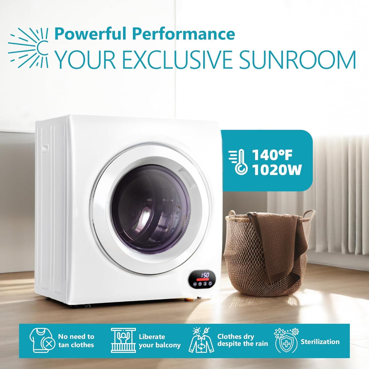 Euhomy Compact Laundry Dryer, 3.5 cu ft Front Load Stainless Steel Clothes Dryers With Exhaust Pipe, 1500W, LCD Control Panel Four-Function Portable Dryer For Apartments, Home, Dorm, White 3.5 Cu.Ft. - Image 3