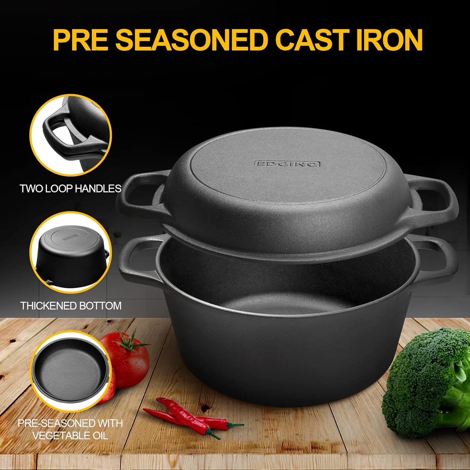 2-in-1 Pre-Seasoned Cast Iron Dutch Oven Pot with Skillet Lid Cooking Pan, Cast Iron Skillet Cookware Pan Set with Dual Handles, Indoor Outdoor for Bread/Frying/Baking/Camping/BBQ, 5 Qt 5QT - Image 6