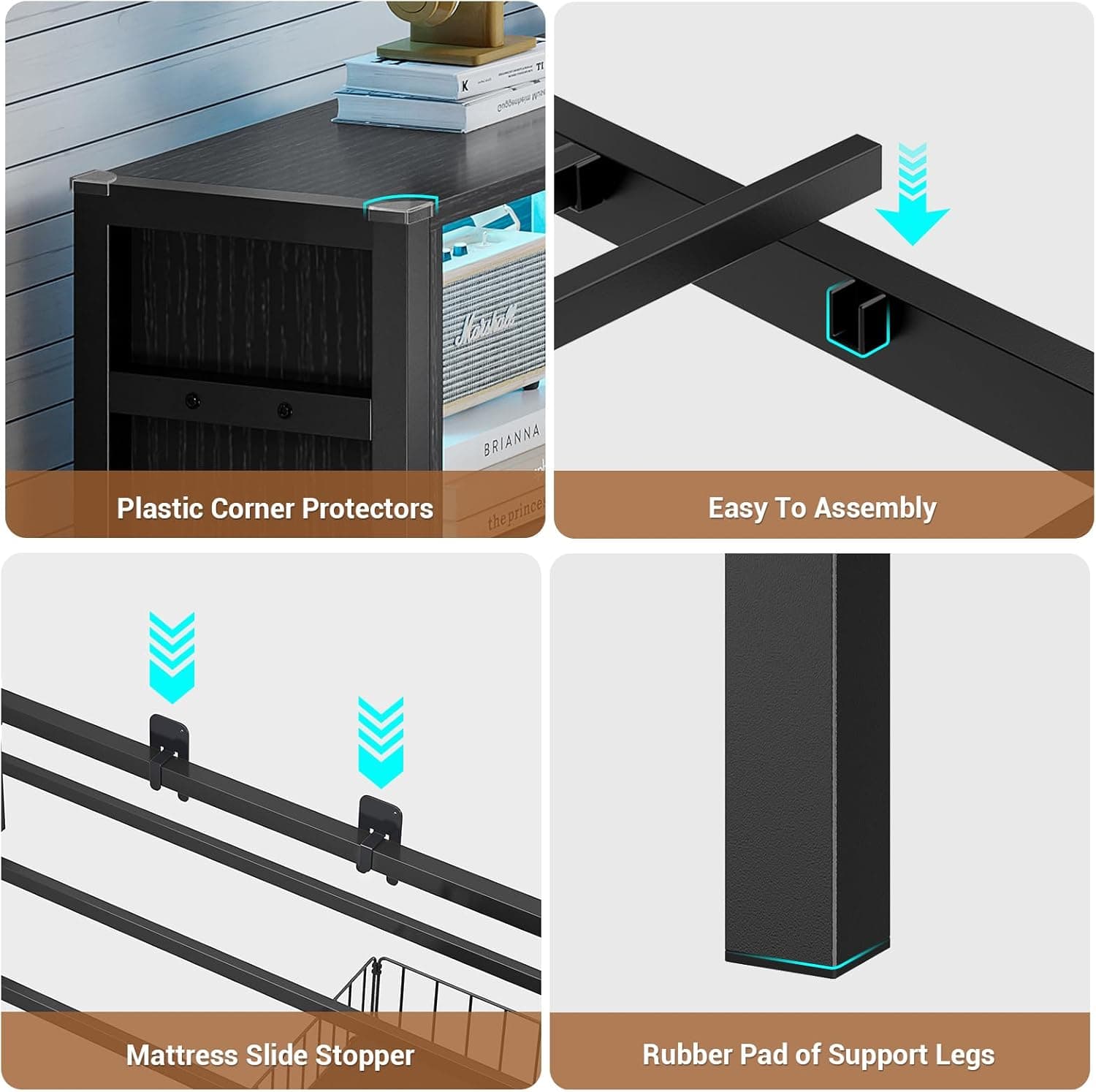 Hasuit Twin Corner Bed Frame with Storage Drawers and Bookcase Headboard, Twin Size Metal Platform Corner Bed Frame with Charging Station and LED Lights, Twin Daybed for Kids Teens Guests, Black Twin Black - Image 9