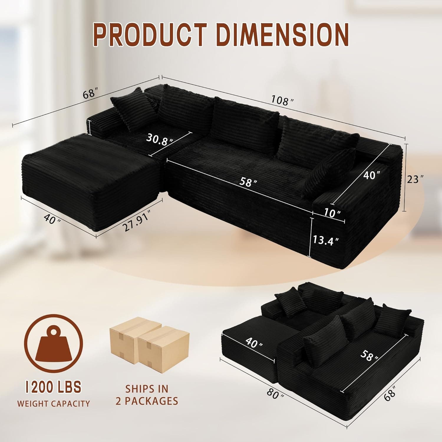108" Sectional Couches for Living Room, Modular Sectional Sofa with L-Shape Chaise, Cloud Couch, Comfy Corduroy Fluffy Couch with Deep Seat and Side Pockets, No Assembly Required Jet Black - Image 3