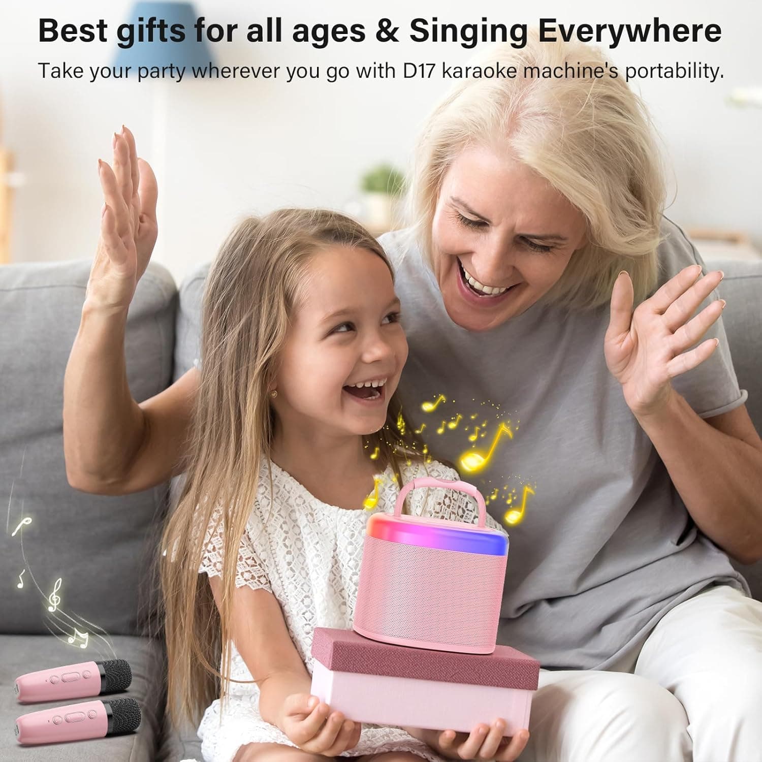 JYX Mini Karaoke Machine for Kids, Portable Bluetooth Karaoke Speaker Unpowered Cabinets with 1 Wireless Microphones and Party Lights and Adults, Birthday Gifts for Girls Boys Family Home Party(Pink) Pink-2Mic - Image 4